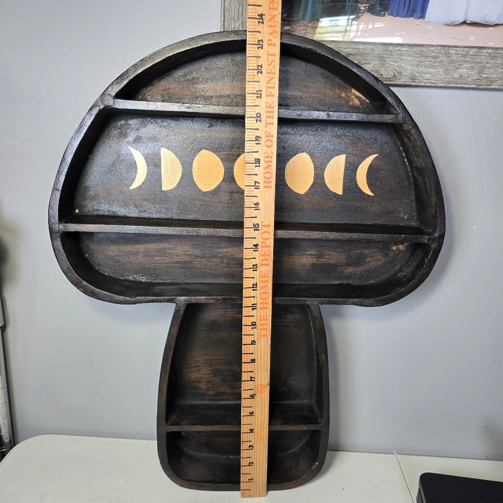 Earthbound Trading Company Large Mushroom Wood Shelf Moon Phases Crystal Display